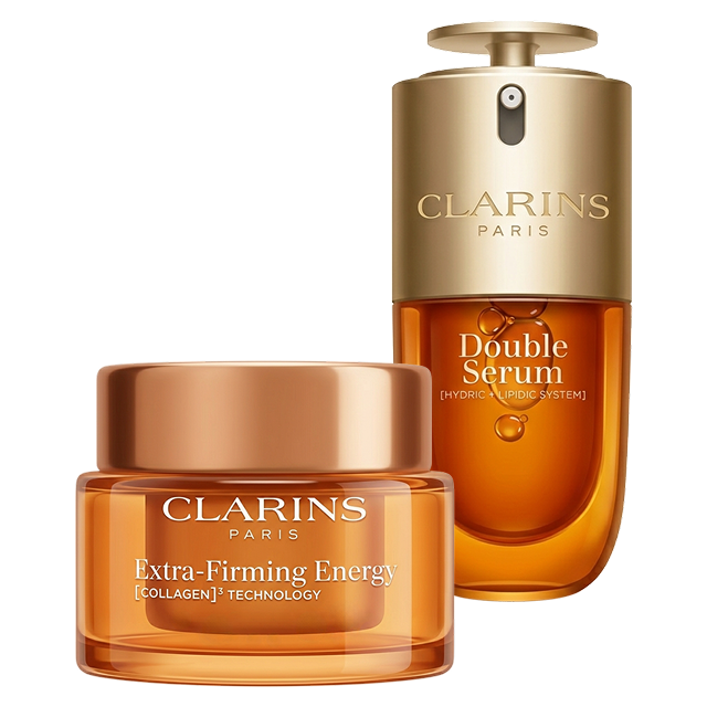 Emojis representing an Extra-Firming Energy and a Clarins Double Serum